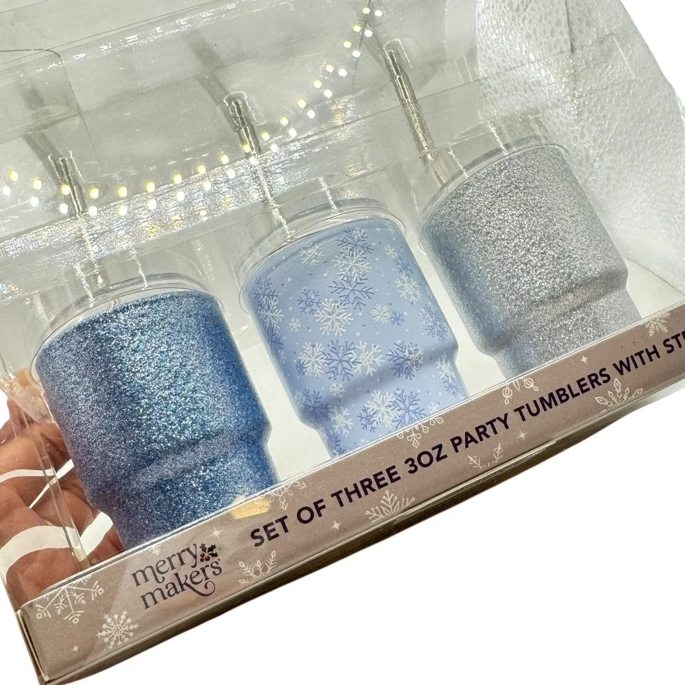 Merry Makers 3oz Mini Party Tumbler Set of 3‎ Stainless Steel Blue Silver G72Q
